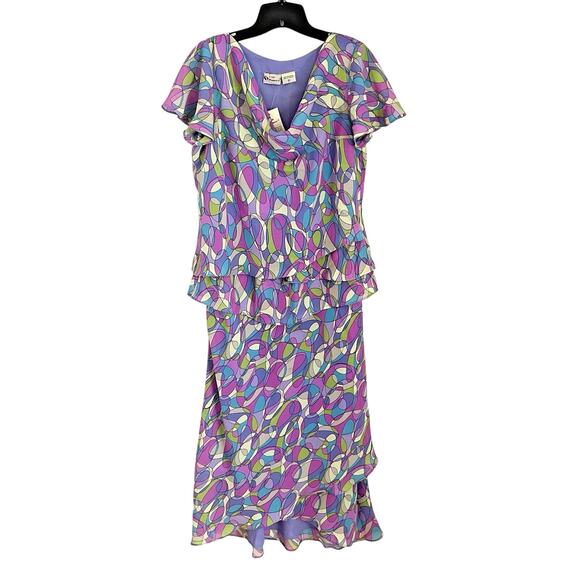 Y2K Flutter Sleeve Tiered Maxi Dress Purple Psychedelic Swirl Ruffle 80s Style M - Picture 1 of 7